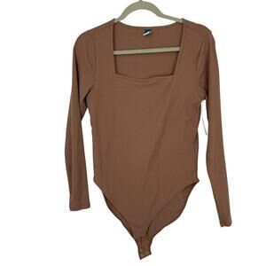 Old Navy NEW Squareneck Rib Knit Bodysuit size Large Long Sleeve Tan Rare Earth